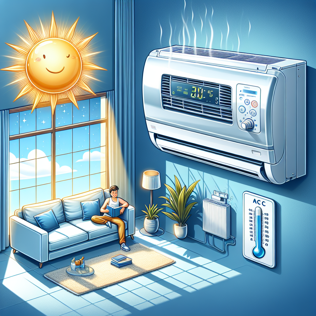 Illustration of air conditioning system cooling a home interior during hot weather for improved comfort and energy efficiency