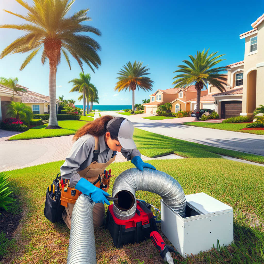 Technician cleaning dryer vent duct outside a residential home in Florida to improve airflow and prevent fire hazards