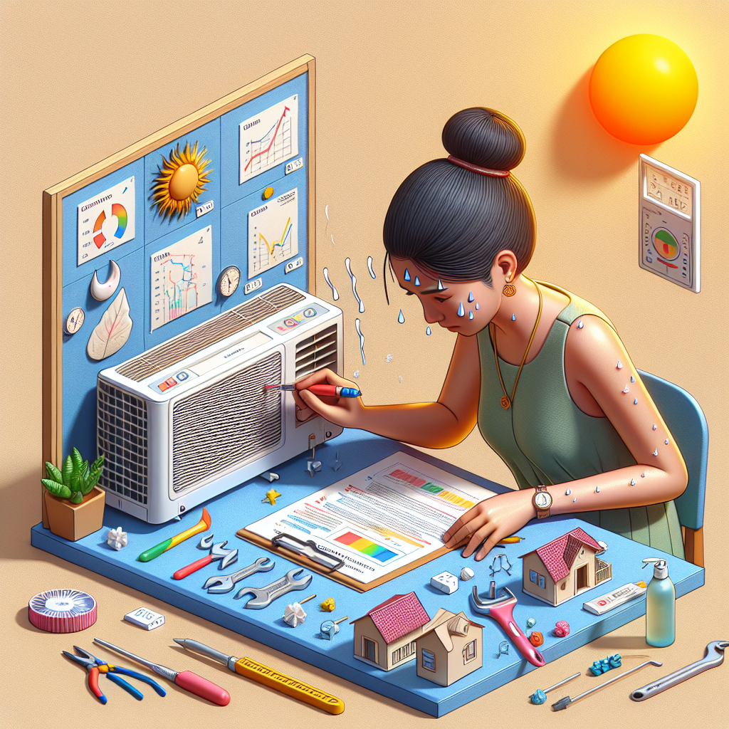 Illustration of a stressed homeowner repairing an air conditioning unit, highlighting HVAC maintenance and energy efficiency concerns