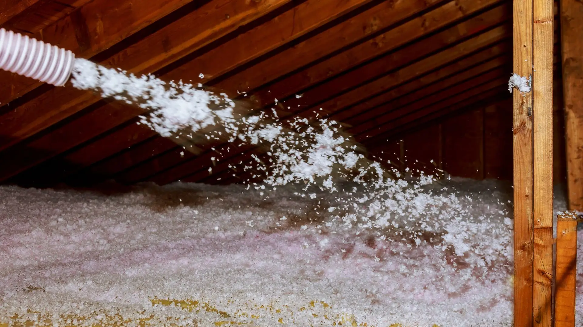 Technician blowing loose fill insulation into attic using insulation hose.