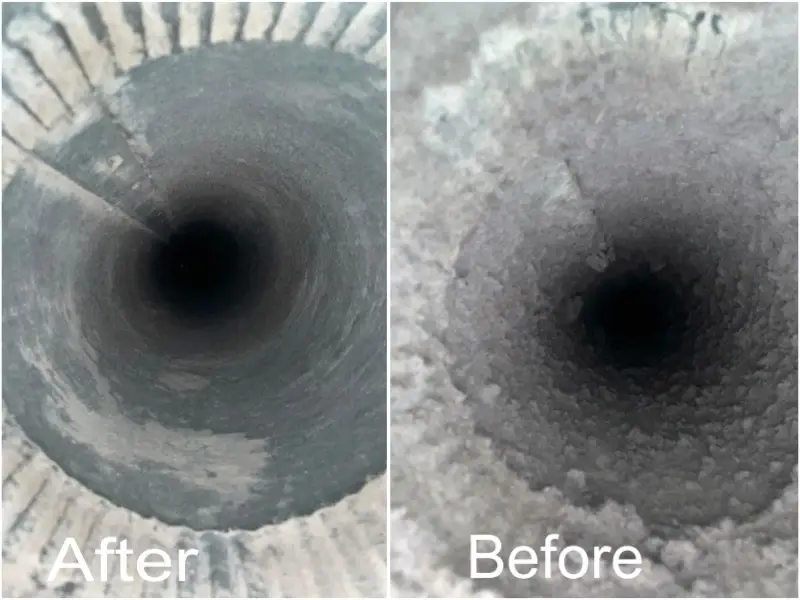 Before and after images of a dryer vent, showing the cleaning process and improved airflow