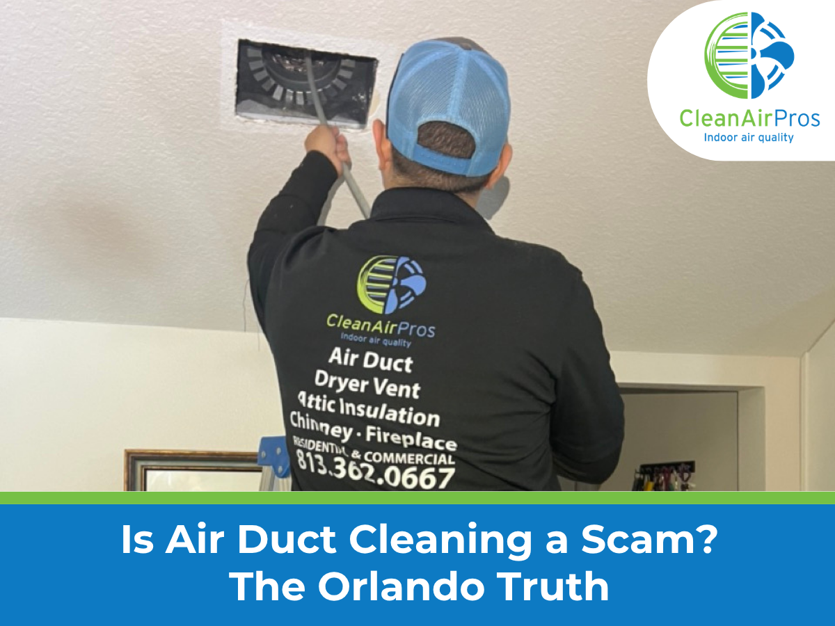 Is air duct cleaning a scam? Technician performing professional air duct inspection and cleaning in Orlando, explaining the truth behind duct cleaning services and HVAC system maintenance.