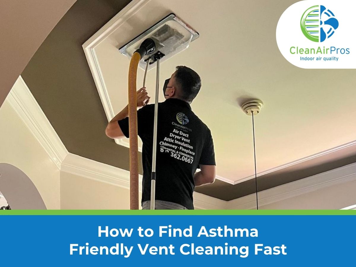 Technician performing residential air duct and vent cleaning using a hose system inside a ceiling vent, focused on improving indoor air quality and reducing asthma triggers in a home.