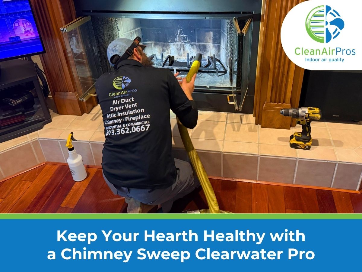 Professional chimney sweep technician cleaning a fireplace in a residential home in Clearwater/Tampa, Florida, emphasizing hearth safety and indoor air quality services by CleanAirPros.