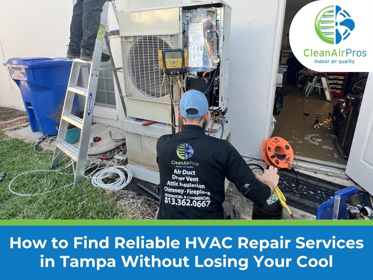 HVAC technician from CleanAirPros servicing an outdoor air conditioning unit in Tampa, Florida, ensuring reliable residential and commercial HVAC repair and maintenance services.