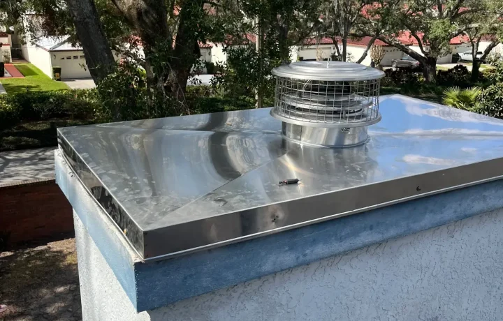 Stainless steel chimney chase cover and vent cap installation by CleanAirPros, ensuring proper ventilation and moisture protection for home air quality systems.