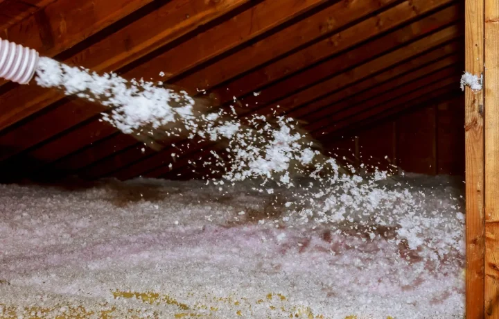 Technician blowing loose fill insulation into attic using insulation hose.