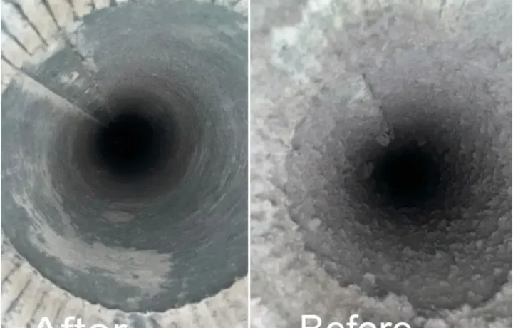 Before and after images of a dryer vent, showing the cleaning process and improved airflow