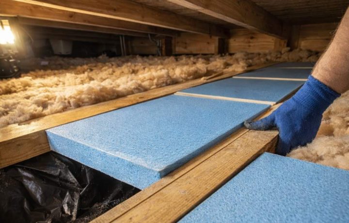 Installing foam board insulation under a home for improved energy efficiency and temperature regulation in the crawl space.