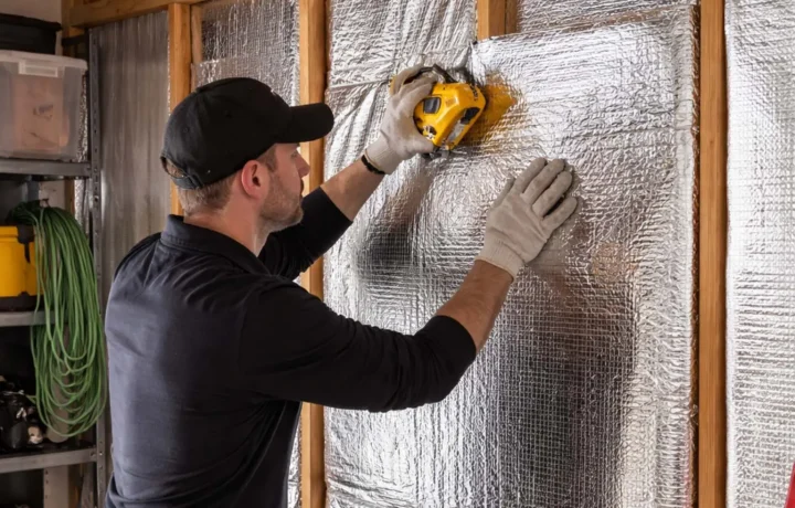 HVAC technician insulating attic with reflective foil panels using a staple gun.