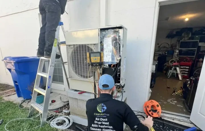 HVAC technician performing a repair on an outdoor air conditioning unit with diagnostic tools, ensuring efficient system performance.