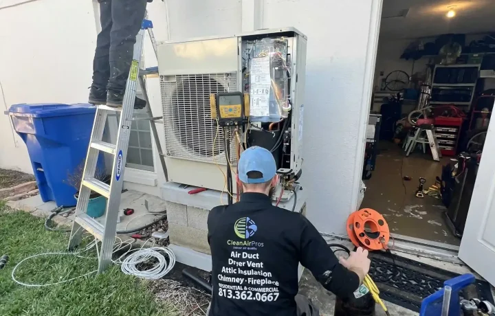 Worker installing HVAC ducting on the wall near the outdoor unit, ensuring proper airflow and system performance.