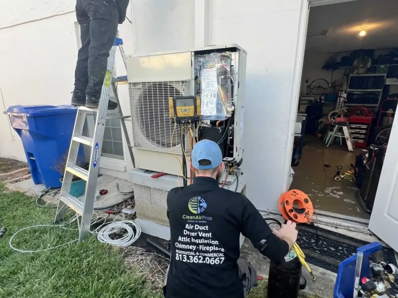 Worker installing HVAC ducting on the wall near the outdoor unit, ensuring proper airflow and system performance.