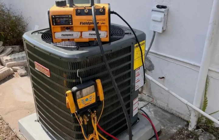 HVAC system being charged and repaired with diagnostic tools for efficient performance and air conditioning.