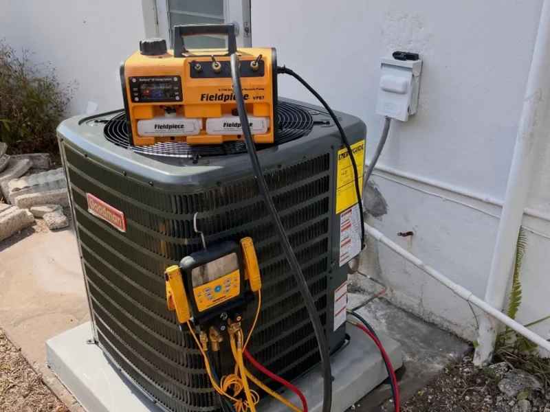 HVAC technician performing system charging with gauges attached to refrigerant lines during repair work.