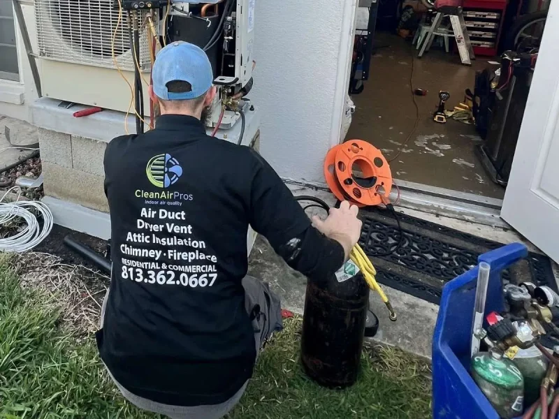 Technician kneeling by an HVAC condenser using a vacuum pump and digital gauges for system evacuation.
