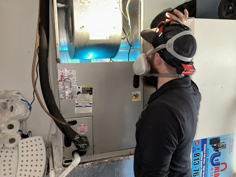 HVAC technician wearing a respirator and headlamp inspecting a blower motor illuminated by UV light.