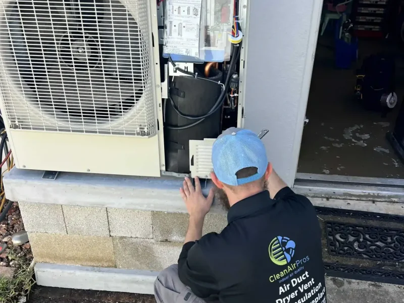 HVAC technician servicing the outdoor unit, showing internal components and performing maintenance for efficient system operation.
