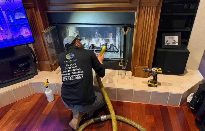 Technician cleaning residential fireplace using professional chimney vacuum system.