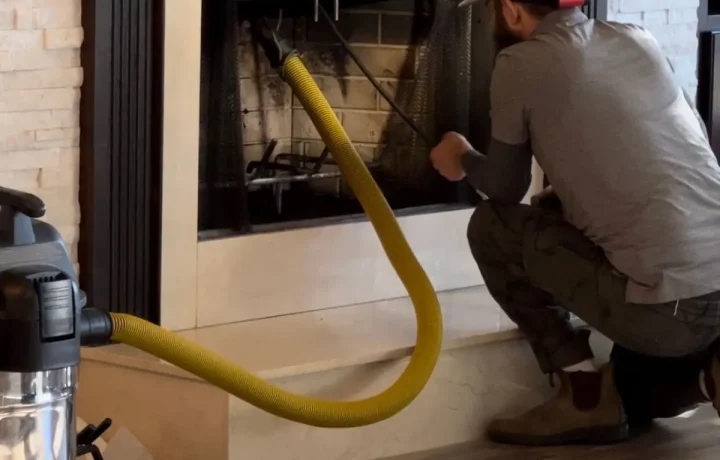 Technician cleaning residential fireplace using professional chimney cleaning vacuum system.